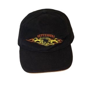 Gettysburg Black Baseball Cap with Orange and Yellow Flames on the front